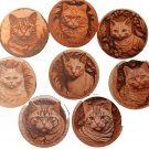 Cat Kitty Round Shaped Wood Coasters Set 8 Cute Cats Siamese Tabby Calico Orange