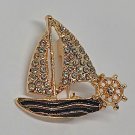 Sailboat Sparkling Brooch Pinback Rhinestones Golden Colored Lapel Pin