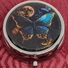 Black & Blue Butterfly Metal Pill Box Small Round Medicine Organizer Purse