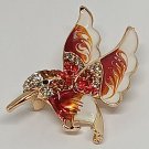 Hummingbird Sparkling Golden Colored Clear Rhinestones Orange Brooch Pinback Pin