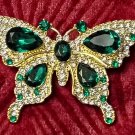 Green Rhinestone Gold Colored Butterfly Brooch Insect Lapel Sweater Pin Jewelry