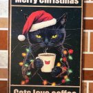 Retro Christmas Black Cat I Love Coffee Tin Sign Fun Wall Shop Poster Decor Art