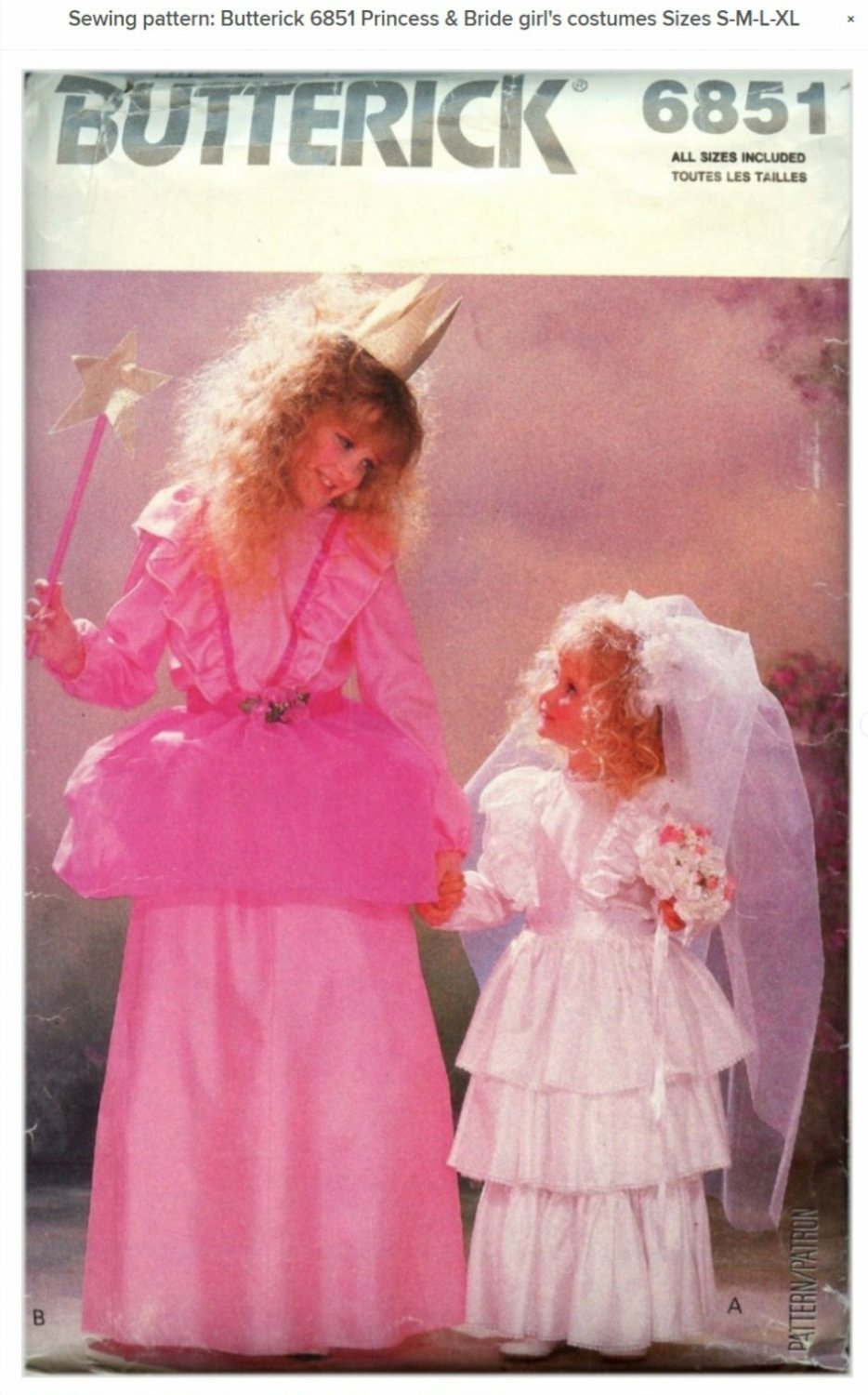 Sewing pattern: Butterick 6851 Princess & Bride girl's costumes Sizes S-M-L-X
