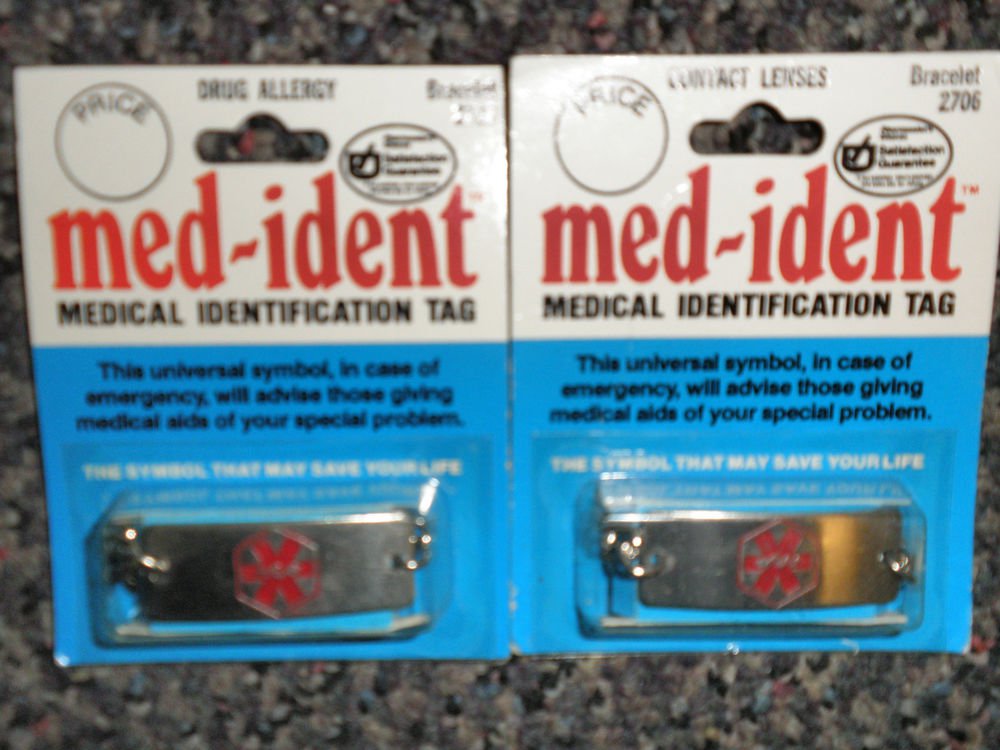 MedIdent Medical Identification Tag 8" Bracelet Contact Lenses Or Drug