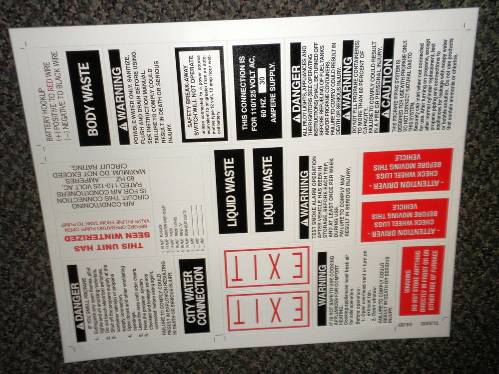 RV Information Decals Sheet Of 20 TL5002