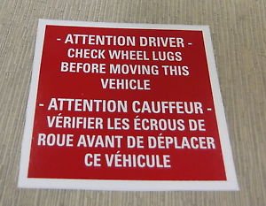 RV Safety Decal "Attention Driver Check Wheel Lug"  Bi-Lingual  UPC:710534473842