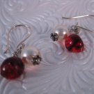 Red Glass and Pearl Drop Earrings