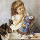 VINTAGE CHILD ARTIST PAINT DOLL COLLIE DOG CANVAS ART