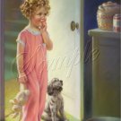 VINTAGE CHILD GIRL CURLS PUPPY COOKIES BUNNY CANVAS ART