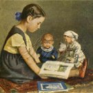 VINTAGE GIRL ANTIQUE DOLL STORY BOOK CANVAS ART- LARGE