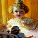 VINTAGE GIRL CURLS ANTIQUE DOLL BRASS BED CANVAS PRINT