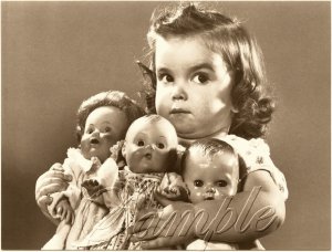 VINTAGE 50's CHILD ANTIQUE DOLLS PHOTO CANVAS ART PRINT