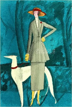 ART DECO COUTURE LADY BORZOI DOG CANVAS ART PRINT LARGE