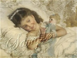 VICTORIAN GIRL DOLL LACE BED SHABBY CANVAS ART PRINT