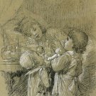 VINTAGE CHARCOAL CHILDREN DOLLS BEDTIME CANVAS PRINT