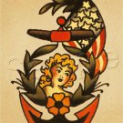 VINTAGE NAVY ANCHOR FLAG PIN UP GIRL TATTOO CANVAS ART