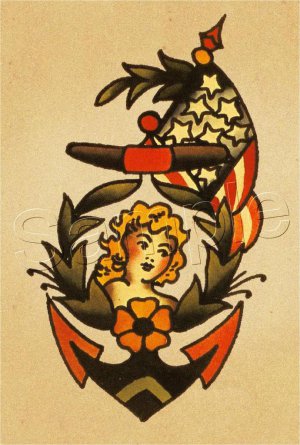 VINTAGE NAVY ANCHOR FLAG PIN UP GIRL TATTOO CANVAS ART