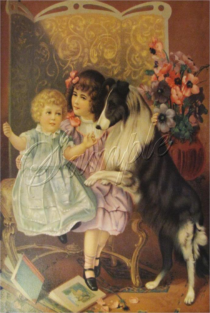 VICTORIAN CHILDREN SISTERS COLLIE DOG BOOKS CANVAS ART