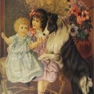 VICTORIAN CHILDREN SISTERS COLLIE DOG BOOKS CANVAS ART