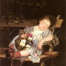 VINTAGE CHILD GIRL SLEEP NAP PANSIES FLOWERS CANVAS ART
