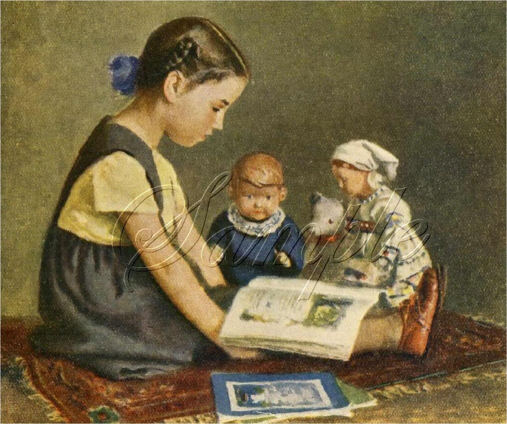 VINTAGE GIRL ANTIQUE DOLL STORY BOOK CANVAS ART PRINT