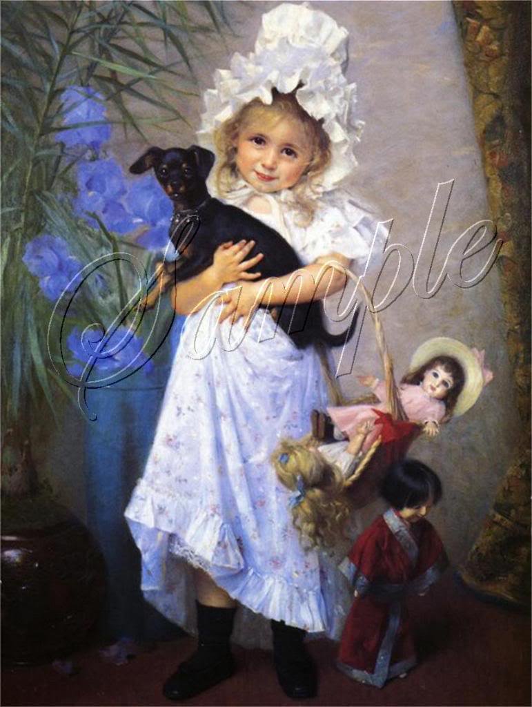 VICTORIAN CHILD GIRL DOLLS DACHSHUND DOG CANVAS PRINT