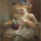 VINTAGE GIRL ANTIQUE DOLL PEACOCK FEATHER CANVAS ART