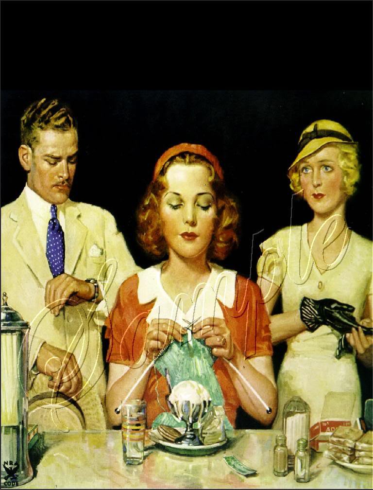 VINTAGE ICE CREAM COUNTER LADY MAN KNITTING CANVAS ART