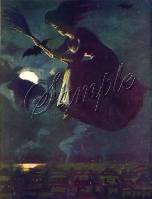 VINTAGE WITCH FLYING HALLOWEEN WICCA CANVAS ART - LARGE