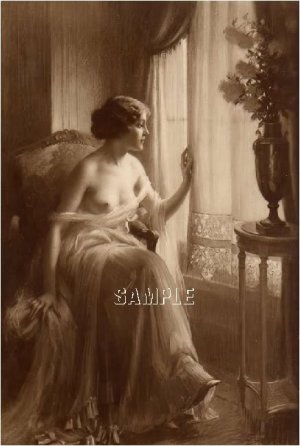 VINTAGE NUDE LADY WINDOW SEPIA CANVAS ART PRINT- LARGE