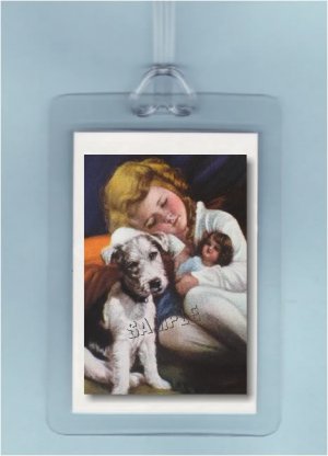 CHILD ANTIQUE DOLL FOX TERRIER DOG - 2 ART LUGGAGE TAGS