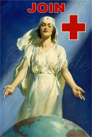 RED CROSS NURSE WORLD GLOBE JOIN WAR POSTER CANVAS ART
