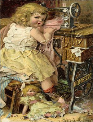 VINTAGE CHILD GIRL SEWING MACHINE DOLL CANVAS ART LARGE
