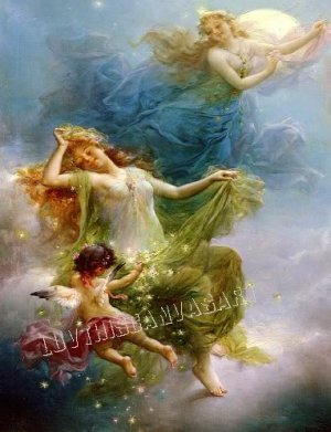VINTAGE PRETTY WITCH FLYING CUPID MOON CANVAS ART PRINT