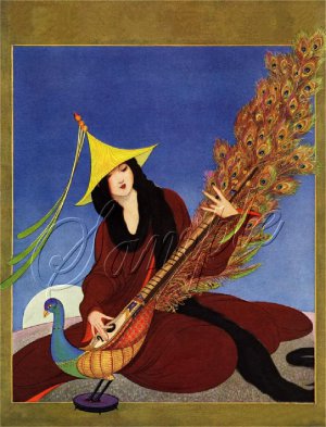 PEACOCK LUTE INSTRUMENT MUSIC LADY CANVAS ART PRINT BIG