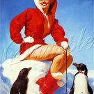 VINTAGE CHRISTMAS GLAMOUR GIRL PENGUINS CANVAS PRINT
