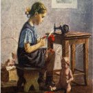 VINTAGE CHILD SEAMSTRESS SEWING ANTIQUE DOLL CANVAS ART