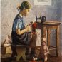 VINTAGE CHILD SEAMSTRESS SEWING ANTIQUE DOLL CANVAS ART