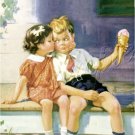 VINTAGE GIRL BOY ICE CREAM CONE KISS CANVAS ART PRINT