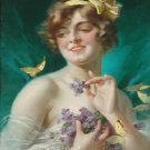 VINTAGE LADY RED HAIR LILACS BUTTERFLY CANVAS ART PRINT