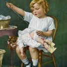 VINTAGE CHILD GIRL SEWING ANTIQUE DOLL CANVAS ART LARGE