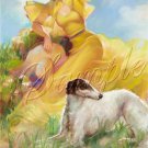 VINTAGE CALENDAR GIRL WOLFHOUND DOG CANVAS ART PRINT
