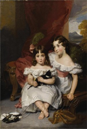 VICTORIAN CHILDREN SISTERS CAT KITTEN CANVAS ART- LARGE