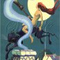 VINTAGE WITCH FLYING BLACK COUGAR CAT WICCA CANVAS ART