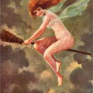 VINTAGE RISQUE CUTE WITCH WICCA BROOM FLYING CANVAS ART