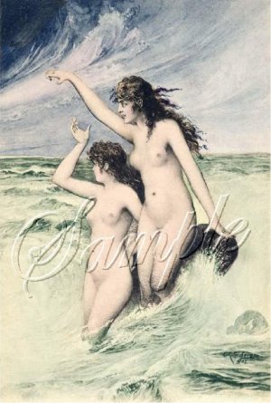 VINTAGE MERMAIDS SIRENS RISQUE FANTASY CANVAS ART PRINT