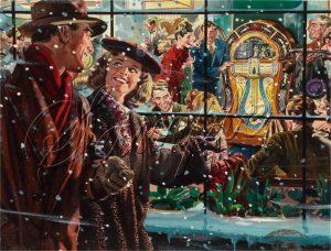 VINTAGE WURLITZER JUKEBOX MUSIC WINTER CAFE CANVAS ART