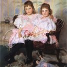 VINTAGE SISTERS GIRLS ANTIQUE DOLL BEAR CANVAS ART -BIG