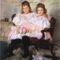 VINTAGE SISTERS GIRLS ANTIQUE DOLL BEAR CANVAS ART -BIG