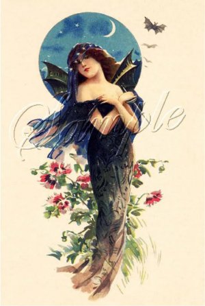 VINTAGE PRETTY WITCH WICCA BAT LADY CANVAS ART PRINT